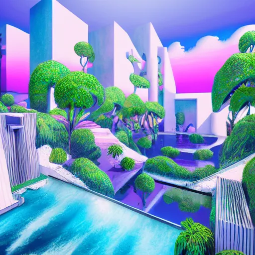 Prompt: minimalistic, hyper realistic surrealism, multi level landscape with magic portals, magic pool, a surreal vaporwave liminal space, highly detailed, trending on ArtStation