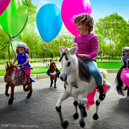 Image similar to children riding (my little pony) at a birthday party in the city park. balloons, cake, presents, craziness, havoc, 8K, 4K, digital art, 3D, cgsociety, realistic photograph