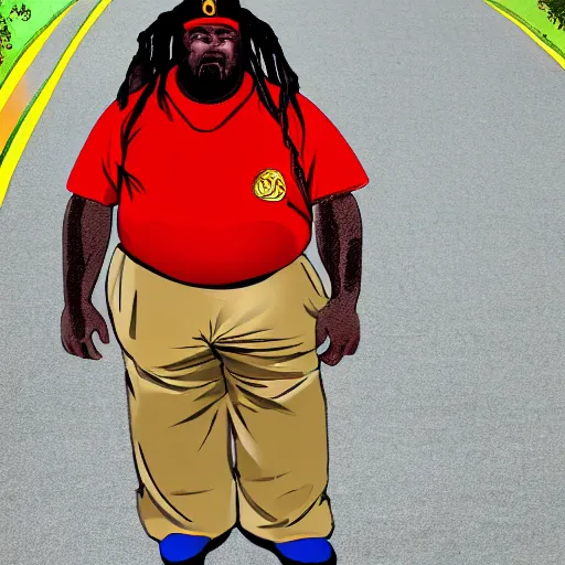 Image similar to overweight african american male school bus driver with dreads, wearing shorts with chubby legs, big moe,