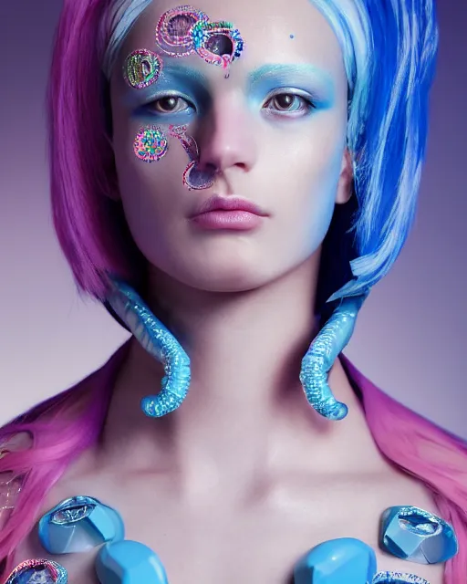 Image similar to natural light, soft focus portrait of an androgynous android with soft synthetic pink skin, blue bioluminescent plastics, smooth shiny metal, elaborate diamond ornate head piece, piercings, face tattoo, skin textures, by annie liebovotz, paul lehr,