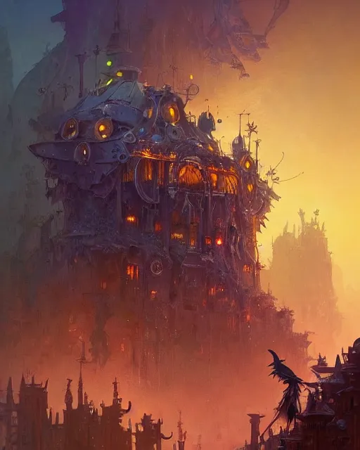 Image similar to a close - up stunning fantasy scene of a steampunk crow | highly detailed | very intricate | disney | magic the gathering | steampunk | dramatic romantic epic breathtaking whimsical magical | professional cinematic lighting | award - winning | painted by marc simonetti and anton fadeev and paul lehr and rhads and alena aenami | pastel color palette | featured on artstation