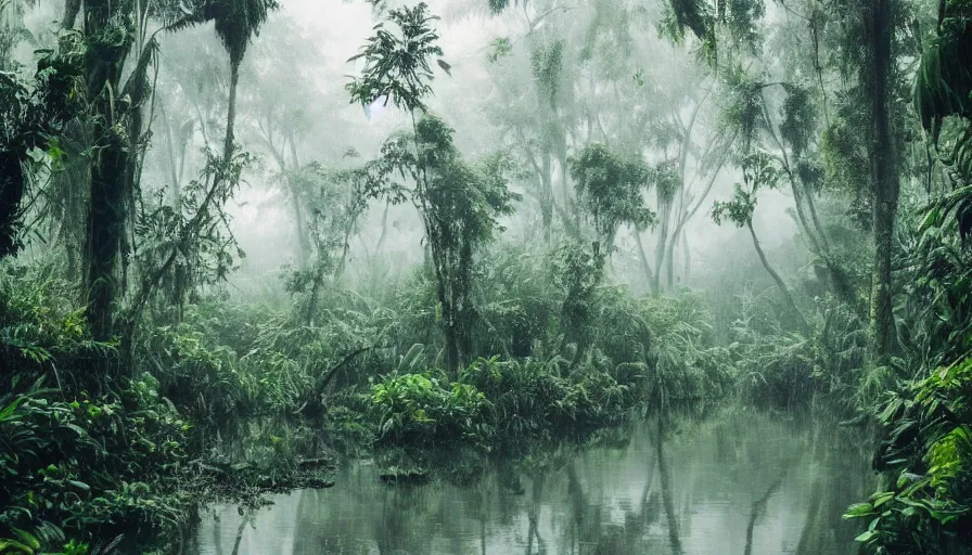 Prompt: a rainy foggy jungle, river with low hanging plants, there is the strangest bird, it’s a huge bird, great photography, ambient light