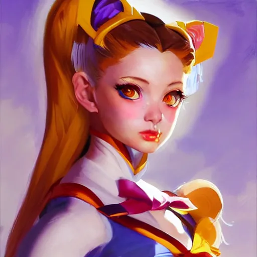 Image similar to greg manchess portrait painting of usagi sailor moon as overwatch character, medium shot, asymmetrical, profile picture, organic painting, sunny day, matte painting, bold shapes, hard edges, street art, trending on artstation, by huang guangjian and gil elvgren and sachin teng