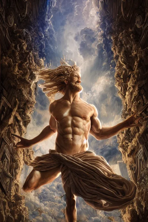 Image similar to hyperrealistic mixed media painting of zeus, full body, stunning 3 d render inspired art by p. craig russell and barry windsor - smith dim volumetric lighting, 8 k octane beautifully detailed render, post - processing, intricate, epic composition, grim yet sparkling atmosphere, cinematic lighting