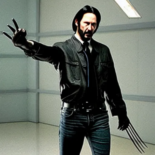 Image similar to keanu reeves as wolverine in emotional movement, dressed the original x - men suite