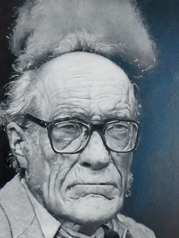 Prompt: portrait of isaac asimov, in a style blend of norman rockwell and frederick remington and mort kunstler, oil painting, volumetric lighting, intricate details