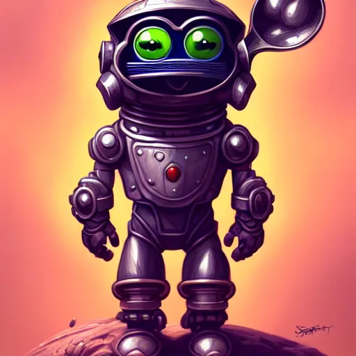 Image similar to Portrait of happy pepe with a spoon wearing futuristic power armor, fantasy, intricate, highly detailed, digital painting, trending on artstation, sharp focus, illustration, style of Stanley Artgerm and Greg Rutkowski and Dan Mumford
