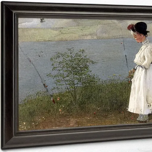 Prompt: a woman wearing a white dress fishing, by Carl larsson