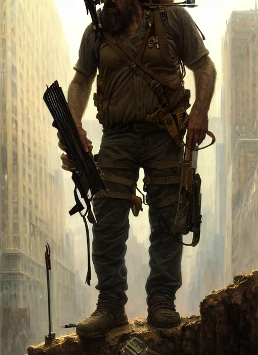 Image similar to a survivalist man, in postapocalypse city, diffuse lighting, fantasy, intricate, elegant, highly detailed, lifelike, photorealistic, digital painting, artstation, illustration, concept art, smooth, sharp focus, art by john collier and albert aublet and krenz cushart and alphonse mucha
