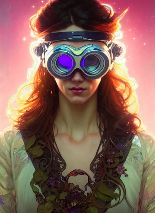 Image similar to lovely woman wearing futuristic goggles in distress, neon flowers, ultra realistic, concept art, intricate details, eerie, highly detailed, photorealistic, 8 k, unreal engine. art by artgerm and greg rutkowski and magali villeneuve, alphonse mucha