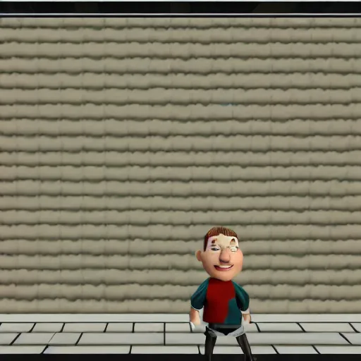 Image similar to a cartoon character standing in front of a screen, a screenshot by Corneille, polycount, op art, ps1 graphics, xbox 360 graphics, playstation 5 screenshot,