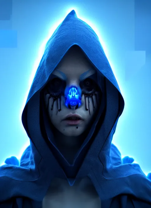 Image similar to character design, biomechanical arcanist, tattered hood, blue lightning, blue mist, fog, scary, photorealistic, cinematic, hyper realistic, octane render, 8 k, wide angle