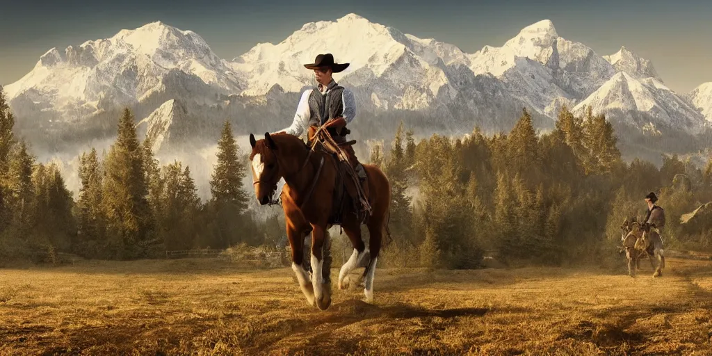 Image similar to still of a man riding a horse into an old west town surrounded by farmland and woods, snow capped mountains in the background, 4 k, realistic, very beautiful, digital art, elegant, highly detailed