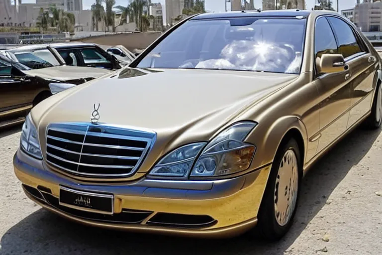 Image similar to gold Mercedes-Benz s500 long in the body 220 (w220) 2002 old year is on the roof of a high-rise building in abu dhabi