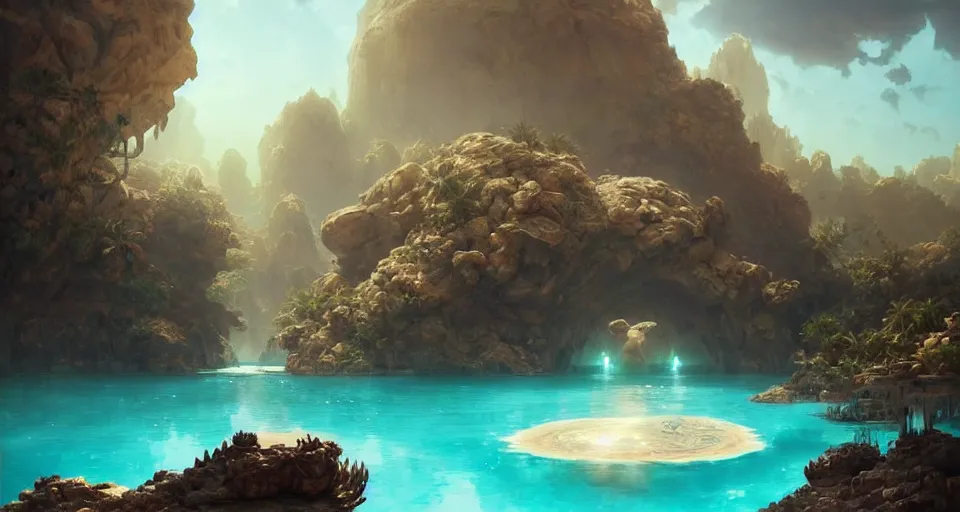 Image similar to a beautiful desert oasis!!!! with crystal clear water with an incomprehensibly large monster!!!! the size of a planet looking down from the sky, by wlop and peter mohrbacher, extremely detailed shading, concept art, digital painting, trending on artstation, unreal engine 5, octane render, atmosphere, glow, cinematic lighting