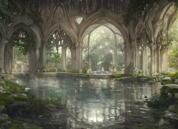 Prompt: A bathhouse with flowing water in a beautiful elven city made of white marble, anime, lush trees, fountain, a fantasy digital painting by Greg Rutkowski and James Gurney, trending on Artstation, highly detailed