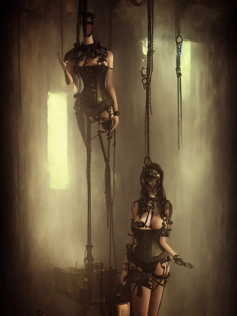 Prompt: inside a steampunk steam room with goth corset on a mannequin, misty steam pipes by Anato Finnstark, artstation behance