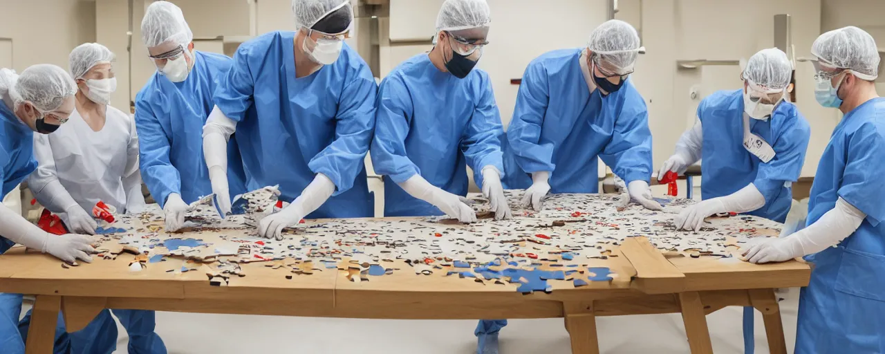 Prompt: three surgeons with realistic hands performing an operation on a massive completed jigsaw puzzle on a table