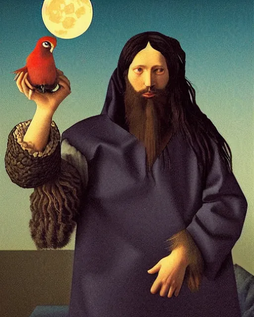 Image similar to portrait of a man with long black hair and beard holding a bird in his hands, full moon in the background, fine portrait, beautiful, concept art, by jan vermeer, style of tomer hanuka