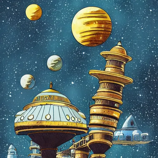 Image similar to ottoman sultanate space base, in space with stars glittering in the background, pulp science fiction illustration