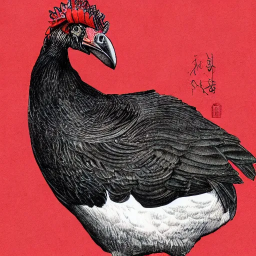 Prompt: portrait of a majestic fat!! black chicken with royal red comb!!!, ultra-detailed pen and ink illustration, vibrant colour, matte painting, modern concept art, 8k, impossible fine lines and details, divine background, by John Kenn Mortensen