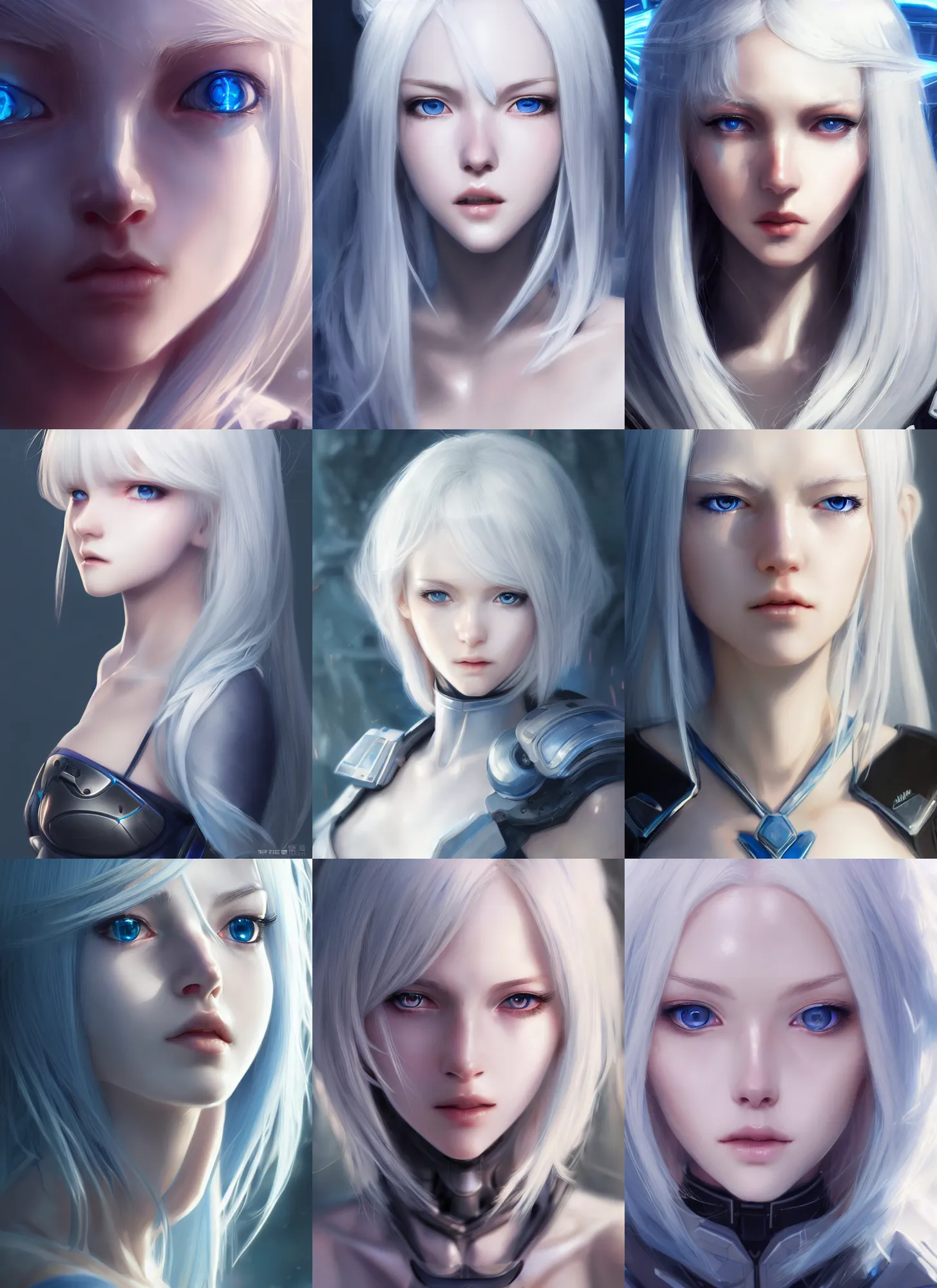 Prompt: detailed portrait of perfect white haired girl, android, beautiful, pretty face, blue cyborg eyes, innocent, scifi, 4 k, sun yunjoo, ultra realistic, highlights, cinematic lighting, highly detailed, sharp focus, artstation, masterpiece, art by hyungjin yang and akihiko yoshida