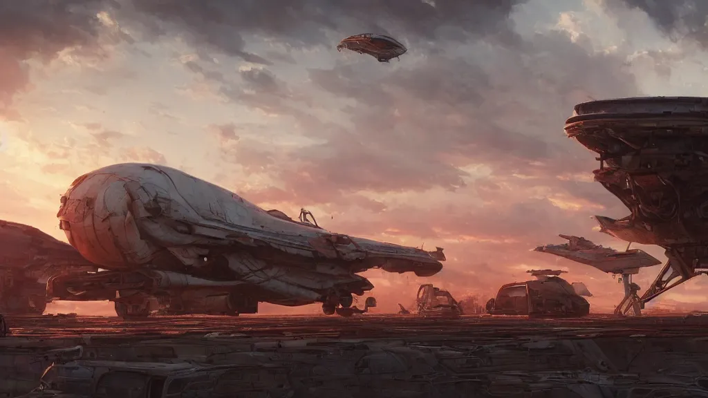 Image similar to a photorealistic hyperrealistic render of a gigantic spaceship landing at a junkyard by greg rutkowski, vitaly bugarov, stephan martiniere, nicolas bouvier sparth, james paick, dramatic moody sunset lighting, long shadows, volumetric, cinematic atmosphere, octane render, artstation, 8 k