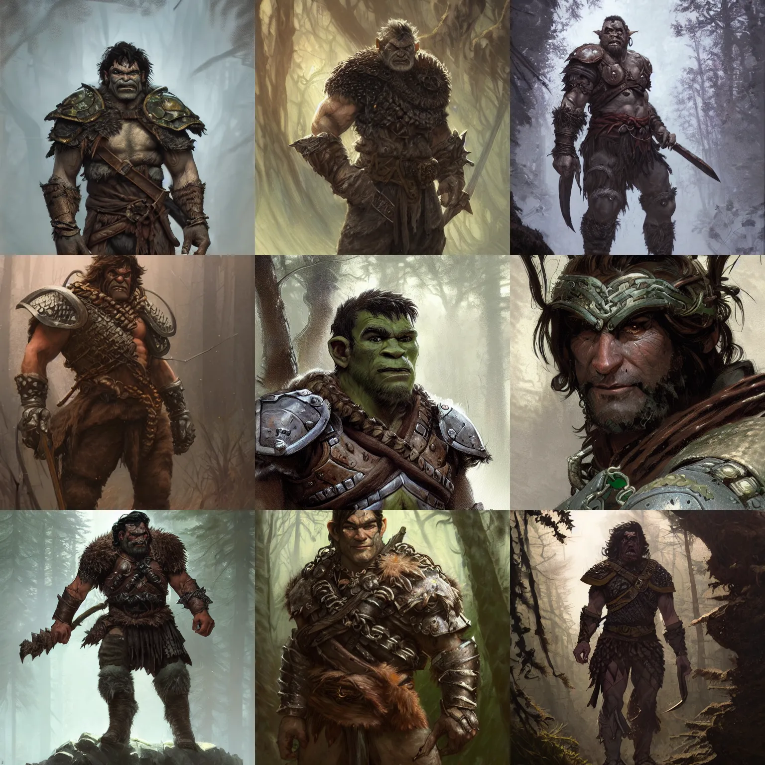 Prompt: portrait of a ruggedly handsome half - orc fighter with short brown hair wearing chain mail armor exploring a dark forest, half body, fantasy, highly detailed, digital painting, artstation, concept art, character art, art by greg rutkowski and tyler jacobson and alphonse mucha
