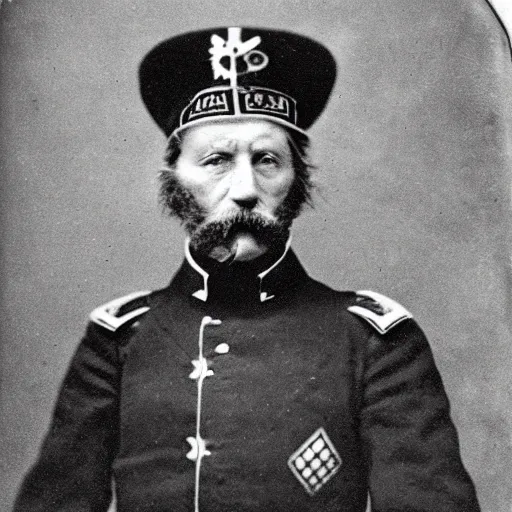 Prompt: daguerrotype portrait of a 19th-century Belgian army general, with a spectre of death looming silently behind him.