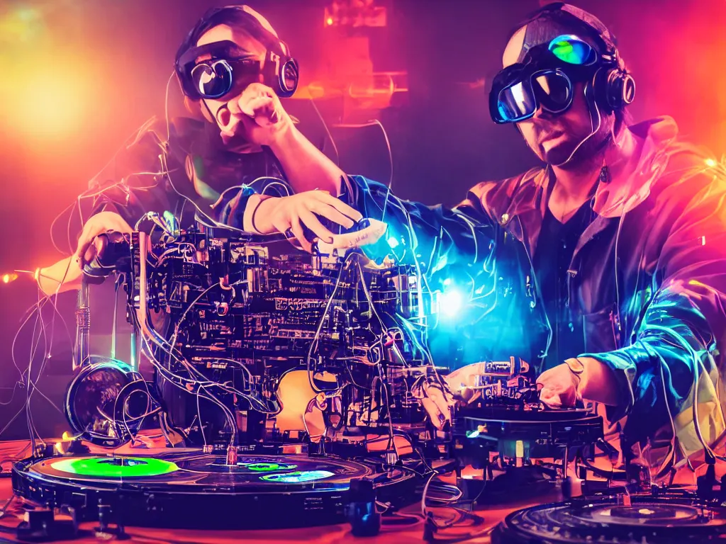 Image similar to a person wearing goggles and visor and headphones using a steampunk record player contraption, wires and tubes, turntablism dj scratching, intricate planetary gears, cinematic, imax, sharp focus, leds, bokeh, iridescent, black light, fog machine, hazy, lasers, hyper color digital art, cyberpunk