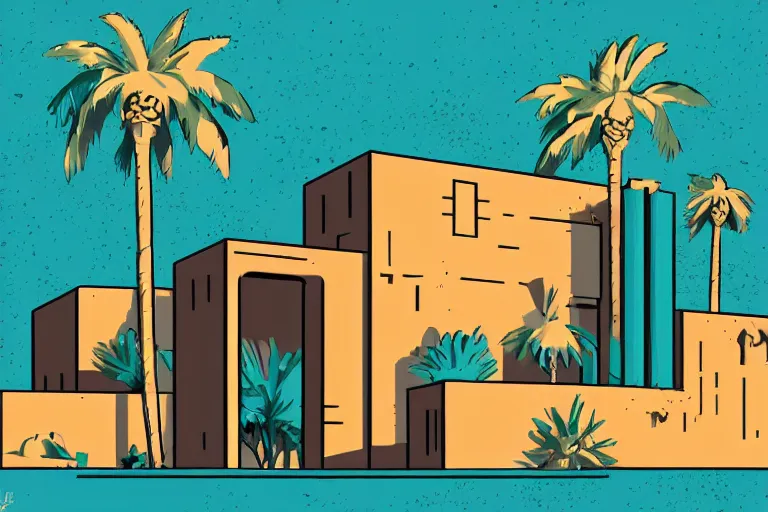 Prompt: brutalist building in a desert oasis by tom whalen in the style of sam werczler, vector art, illustration, harsh light, complementary colors