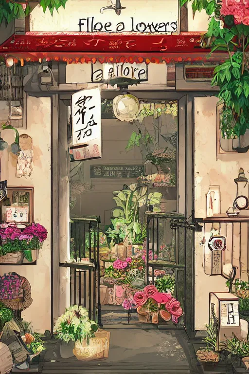 Image similar to a little flower shop's front gate, nostalgic, fresh digital illustrati on, dramatic lighting, pixiv