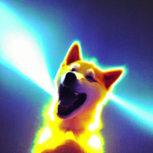 Image similar to real life super saiyan shiba inu with glowing yellow fur shooting a kamehameha energy beam