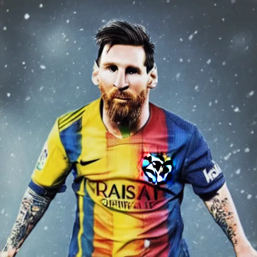 KREA - photograph of Lionel Messi going into super Saiyan