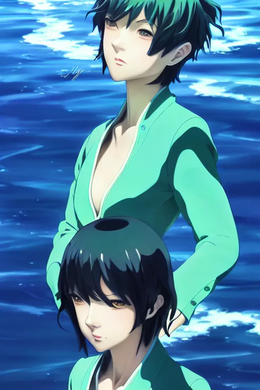 Image similar to makoto shinkai, artgerm, ilya kuvshinov, beautiful anime women with green dress, long blue hair, water powers water swirling, symmetrical face, symmetrical eyes, detailed, beach setting, cinematic lighting