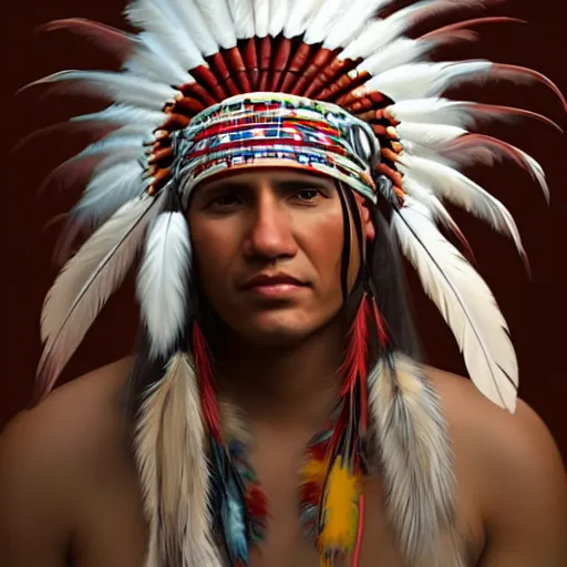 Prompt: painting portrait of a native american wearing a white feather headdress, artstation, ultra detailed