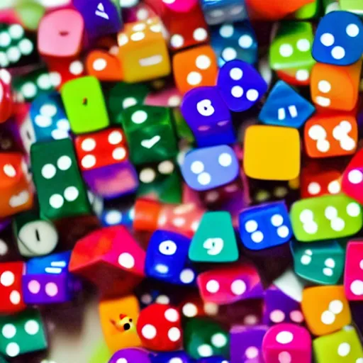 Prompt: gigantic dice with impossible geometry, colorful blurry background