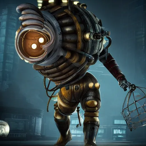 Image similar to isaac clarke as a bioshock big daddy, unreal engine 5, bioshock deadspace, high detail 3 d render,