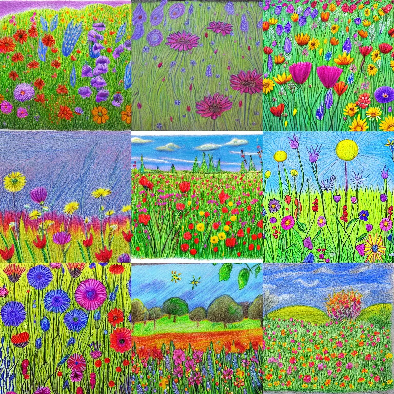Prompt: meadow with flowers, spring, colorful, bright, detailed coloured pencil