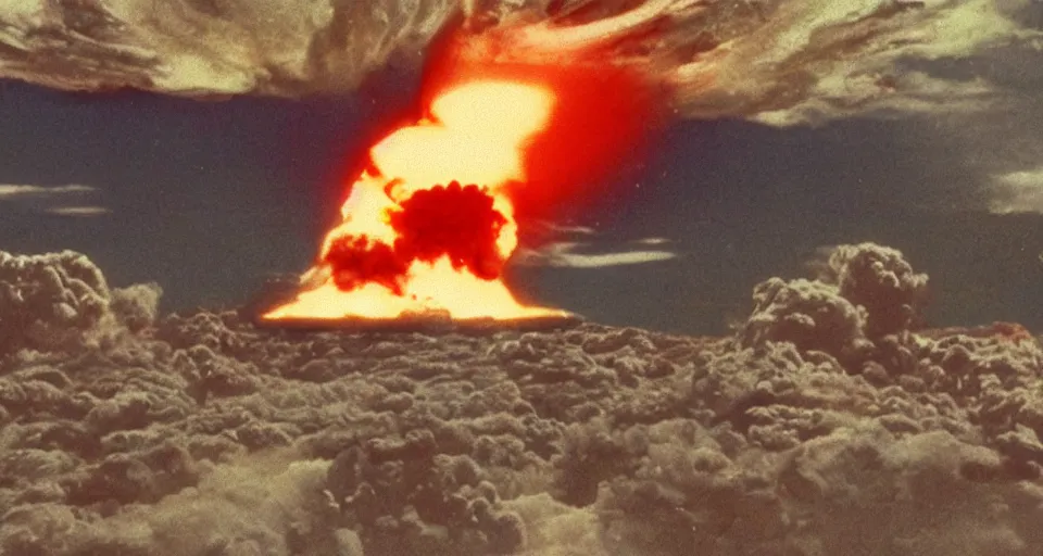 Image similar to nuclear explosion, youtuber points with shocked expression, photorealism