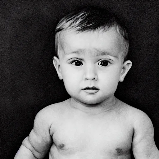 Image similar to gigachad as a baby, portrait, b&w, dramatic lighting