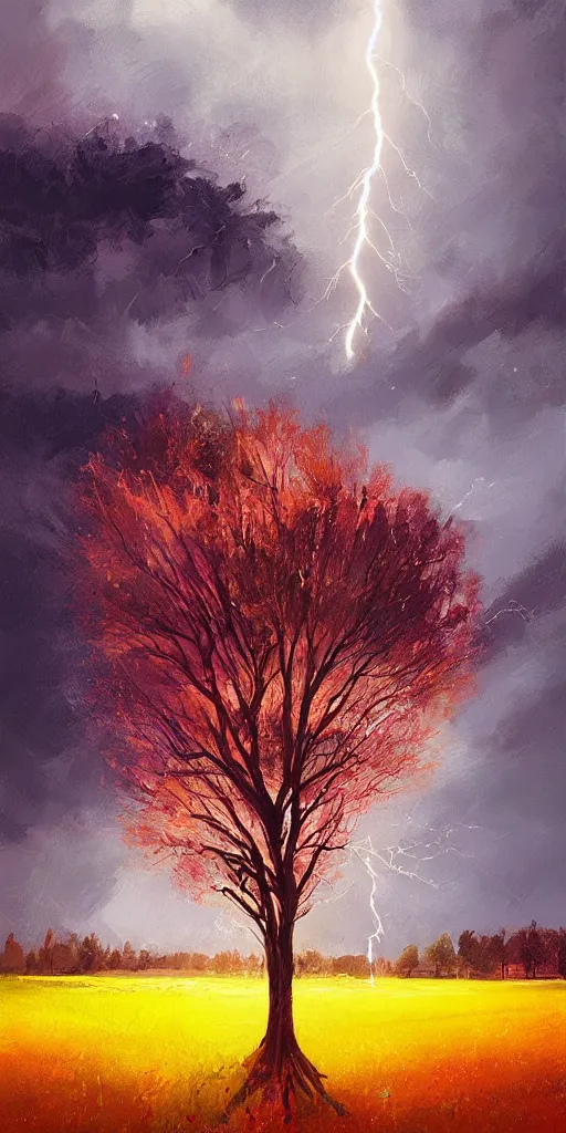 Prompt: lightning strikes a tree in the middle of a field, painting By Alena Aenami,