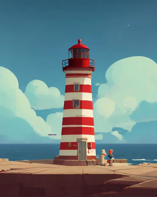 Image similar to painting of lighthouse in the sea by cory loftis, james gilleard, goro fujita, makoto shinkai, simon stalenhag, atey ghailan, makoto shinkai, goro fujita, studio ghibli, rim light, exquisite lighting, clear focus, very coherent, plain background, soft painting