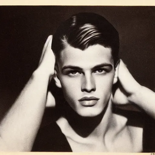 Prompt: a very handsome young man, fashion model, 1 9 4 0