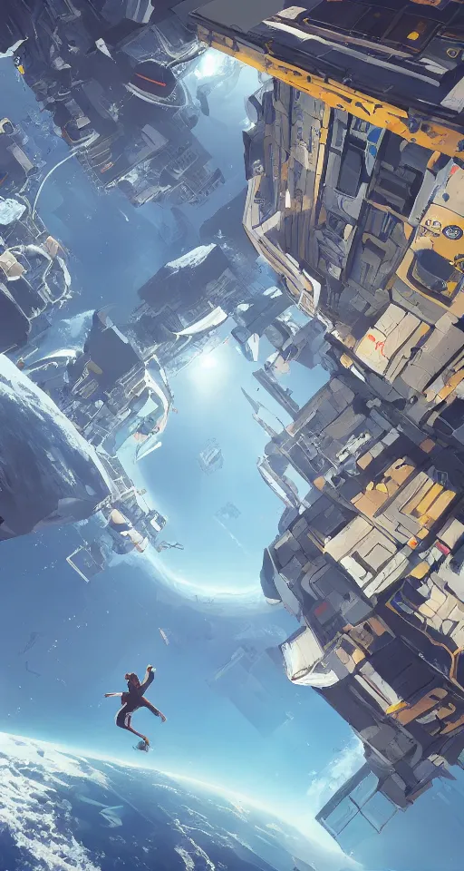 Image similar to A beautiful artwork illustration, level design, third person, a parkour course in space, featured on artstation, wide angle, vertical orientation