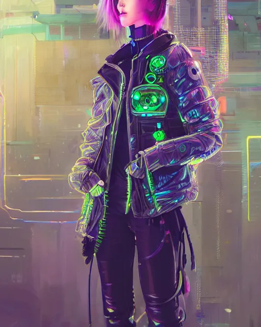 Image similar to detailed portrait Young Gangster Girl cyberpunk futuristic (neon) corporate styled hair Reflective holographic puffy cybernetic coat, decorated traditional ornaments by Hajime Sorayama ismail inceoglu dragan bibin hans thoma greg rutkowski Alexandros Pyromallis Nekro illustrated Perfect face, fine details, realistic shaded, fine-face, pretty face