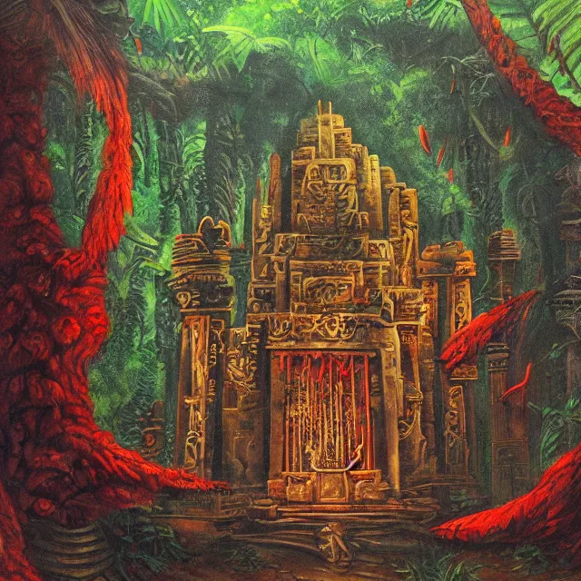 Prompt: blood temple in a jungle painting