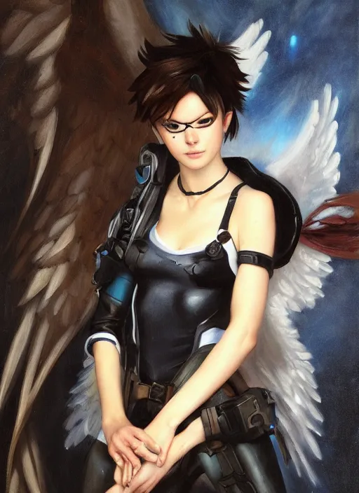 Image similar to oil painting of tracer overwatch in the style of sophie anderson, on knees, angel wings, black outfit, dramatic painting, wearing black choker,