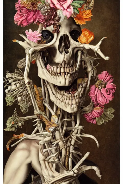 Image similar to Detailed maximalist portrait with large lips and with large white eyes, exasperated expression, extra fleshing limbs, botany bones, HD mixed media, 3D collage, highly detailed and intricate, surreal illustration in the style of Caravaggio, dark art, baroque