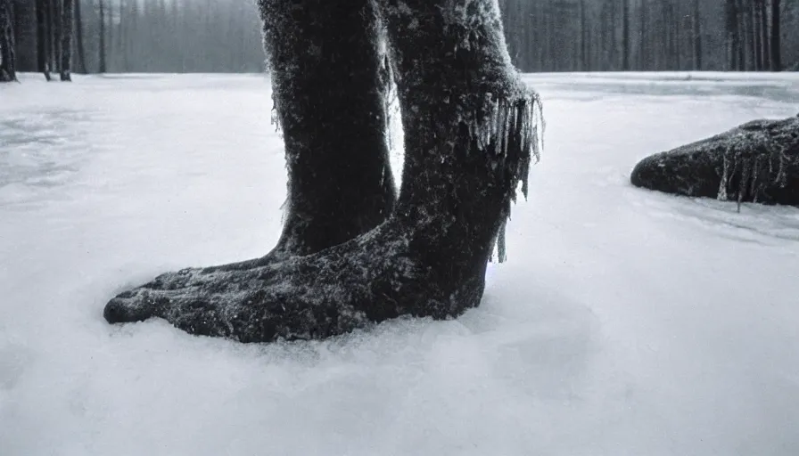 Prompt: 1 9 6 0 s movie still close up of marcus aurelius frozen to death, feets in a river, pine forests, cinestill 8 0 0 t 3 5 mm b & w, high quality, heavy grain, high detail, texture, dramatic light, anamorphic, hyperrealistic, foggy